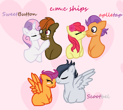 Size: 400x358 | Tagged: safe, artist:rose-moonlightowo, apple bloom, button mash, rumble, scootaloo, sweetie belle, tender taps, earth pony, pegasus, pony, unicorn, g4, female, heart, kissing, male, nuzzling, pink background, ship:rumbloo, ship:sweetiemash, shipping, simple background, straight, tenderbloom