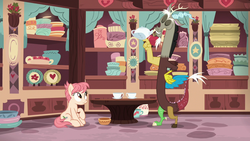 Size: 1280x720 | Tagged: safe, screencap, discord, raspberry vinaigrette, draconequus, earth pony, pony, discordant harmony, g4, cup, duo, female, male, mare, perching, store, teacup, winged teapot