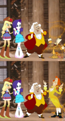 Size: 645x1203 | Tagged: safe, artist:jeffersonfan99, applejack, rarity, equestria girls, g4, 18th century, bare shoulders, baroque outfit, beauty and the beast, boots, buckled shoes, butler, clothes, coat, cogsworth, cowboy boots, disney, disney princess, fall formal outfits, female, footman, happy, knee-high boots, kneesocks, lumiere, meme, powdered wig, reunion, ship:rarijack, shipping, shoes, strapless, transformation
