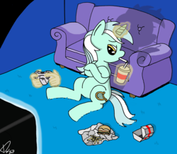 Size: 4128x3579 | Tagged: safe, artist:dragooon, lyra heartstrings, g4, bored, carpet, controller, crossed hooves, drinking, drinking straw, food, french fries, gaming, hand, hay burger, levitation, magic, magic hands, shadow, sitting, sitting lyra, soda, telekinesis, television, xbox 360 controller