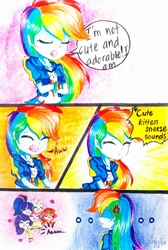 Size: 2119x3144 | Tagged: safe, artist:liaaqila, applejack, fluttershy, pinkie pie, rainbow dash, rarity, sci-twi, sunset shimmer, twilight sparkle, equestria girls, g4, ..., awww, blatant lies, clothes, comic, cross-popping veins, crossed arms, cute, dashabetes, denial's not just a river in egypt, dialogue, eyes closed, female, high res, humane six, i'm not cute, open mouth, sneezing, speech bubble, traditional art