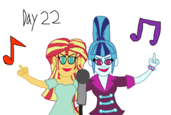 Size: 1088x734 | Tagged: safe, artist:bigpurplemuppet99, sonata dusk, sunset shimmer, equestria girls, g4, 30 day otp challenge, female, lesbian, microphone, music notes, ship:sunata, shipping, simple background, singing, transparent background