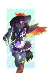 Size: 1951x3000 | Tagged: safe, artist:sugarstar, oc, oc only, pegasus, pony, clothes, colored wings, commission, crossover, fangs, female, looking at you, maid, mare, multicolored wings, one eye closed, rainbow wings, simple background, smiling, solo, standing, wings, wink