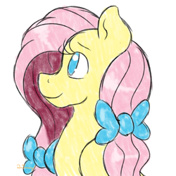 Size: 1024x1024 | Tagged: safe, artist:yanie-the-brown-pone, fluttershy, pony, g4, alternate hairstyle, bow, colored sketch, female, hair bow, mare, pretty, simple background, smiling, solo