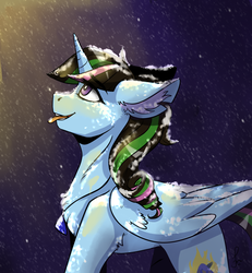 Size: 1850x2000 | Tagged: safe, artist:serodart, oc, oc only, alicorn, pony, alicorn oc, lightning, night, snow, solo, tongue out