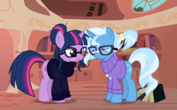 Size: 1600x1000 | Tagged: safe, artist:blackm3sh, artist:limedazzle, artist:xebck, trixie, twilight sparkle, pony, unicorn, g4, alternate hairstyle, blush sticker, blushing, clothes, clothes swap, female, glasses, golden oaks library, lesbian, mare, ship:twixie, shipping, show accurate, smiling, sweater