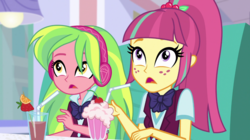 Size: 1280x718 | Tagged: safe, screencap, lemon zest, sour sweet, equestria girls, equestria girls specials, g4, my little pony equestria girls: dance magic, bendy straw, drinking straw, headphones, milkshake, straw, surprised