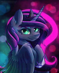 Size: 1360x1700 | Tagged: safe, artist:midnightsix3, princess luna, alicorn, pony, g4, curved horn, eyeliner, fangs, female, hoof shoes, horn, makeup, mare, smiling, solo