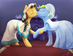 Size: 6600x5100 | Tagged: safe, artist:silfoe, oc, oc only, oc:honey hominy, oc:pristine codex, earth pony, pony, unicorn, absurd resolution, altar, clothes, commission, dress, duo, eyes closed, female, floral head wreath, flower, holding hooves, kiss on the lips, kissing, lesbian, mare, marriage, oc x oc, ring, shipping, signature, wedding, wedding dress, wedding ring, wedding veil