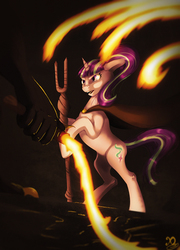 Size: 1000x1387 | Tagged: safe, artist:xaneas, starlight glimmer, balrog, pony, unicorn, g4, bipedal, cape, clothes, crossover, female, fire, floppy ears, lord of the rings, mare, s5 starlight, solo focus, staff, staff of sameness, whip, you shall not pass