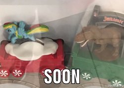 Size: 1200x859 | Tagged: safe, rainbow dash, dinosaur, tyrannosaurus rex, g4, context is for the weak, female, food chain, image macro, irl, jurassic park, mcdonald's happy meal toys, meme, photo, predator, prey, toy