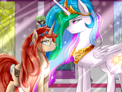 Size: 1600x1200 | Tagged: safe, artist:alesarox, princess celestia, oc, oc:alscenia greymane, dracony, hybrid, g4, crepuscular rays, frown, looking at each other, standing, throne room