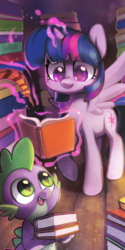 Size: 671x1346 | Tagged: safe, artist:dawnfire, spike, twilight sparkle, alicorn, dragon, pony, g4, book, female, glowing horn, horn, levitation, lightly watermarked, looking up, magic, male, mare, open mouth, quill, raised hoof, reading, smiling, telekinesis, twilight sparkle (alicorn), watermark, wings