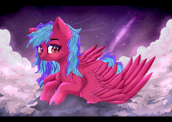 Size: 1024x724 | Tagged: safe, artist:silvia-zero, oc, oc only, pegasus, pony, cloud, commission, ear fluff, female, looking at you, mare, multicolored mane, multicolored tail, on a cloud, sitting, sitting on a cloud, smiling, solo, sparkly mane, spread wings, starry night, stars, wingding eyes, wings, ych result