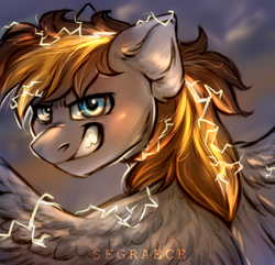 Size: 1120x1080 | Tagged: safe, artist:segraece, oc, oc only, oc:light speed, pegasus, pony, badass, cute, electricity, electrified, lightning, lightning manipulation, male, smiling, solo, spread wings, storm, weather control, wings