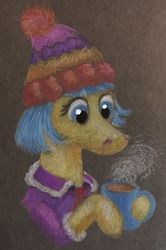 Size: 2348x3536 | Tagged: safe, artist:pony-from-everfree, coco pommel, earth pony, pony, g4, advent calendar, black paper, chocolate, clothes, cup, female, food, hat, high res, hot chocolate, mare, solo, traditional art, winter, winter outfit