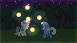 Size: 6000x3375 | Tagged: safe, artist:northernthestar, oc, oc only, oc:glimmering hope, oc:valiant star, pony, unicorn, absurd resolution, colt, female, filly, forest, grass, magic, male, night, tree, vector