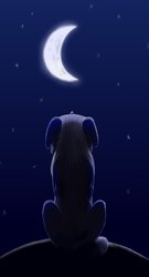 Size: 657x1217 | Tagged: safe, artist:enkeinn, oc, oc only, oc:lacunae, alicorn, pony, fallout equestria, fallout equestria: project horizons, alicorn oc, artificial alicorn, backlighting, crescent moon, female, mare, moon, night, rear view, sitting, solo, stars