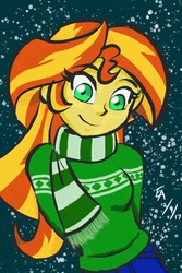 Size: 640x960 | Tagged: safe, artist:mayorlight, sunset shimmer, equestria girls, g4, arm behind back, clothes, digital art, female, hands behind back, long hair, looking at you, scarf, smiling, snow, solo, sweater
