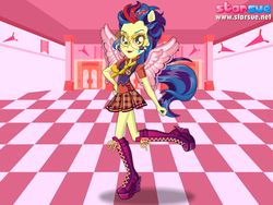 Size: 800x600 | Tagged: safe, artist:user15432, indigo zap, human, pegasus, pony, equestria girls, friendship games, g4, boots, clothes, crystal prep shadowbolts, dressup game, glasses, hasbro, hasbro studios, high heel boots, humanized, ponied up, pony ears, school spirit, school uniform, schoolgirl, shoes, solo, starsue, winged humanization, wings