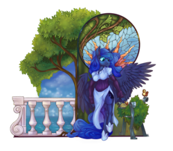 Size: 3557x3101 | Tagged: safe, artist:skrapbox, princess luna, alicorn, anthro, unguligrade anthro, g4, digital art, female, high res, hoof shoes, simple background, solo, stained glass, transparent background, tree