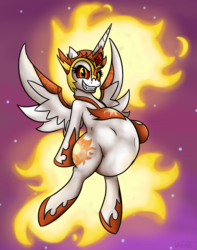 Size: 1197x1519 | Tagged: safe, artist:variant, daybreaker, princess celestia, alicorn, pony, g4, belly, evil smile, female, flying, grin, implied death, implied digestion, mare, princess vorestia, smiling, solo, vore