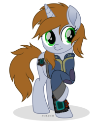 Size: 4675x5995 | Tagged: safe, artist:suramii, oc, oc only, oc:littlepip, pony, unicorn, fallout equestria, absurd resolution, clothes, female, jumpsuit, mare, movie accurate, pipboy, pipbuck, raised hoof, simple background, solo, style emulation, transparent background, vault suit