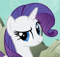 Size: 696x660 | Tagged: safe, screencap, rarity, pony, unicorn, a dog and pony show, g4, cropped, dreamworks face, female, hub logo, looking at you, raised eyebrow, reaction image, smiling, smirk, smugity, solo