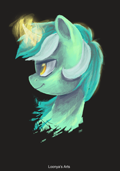 Size: 4169x5906 | Tagged: safe, artist:loonya, lyra heartstrings, pony, unicorn, g4, absurd resolution, black background, bust, curved horn, dark background, female, glowing horn, horn, magic, mare, portrait, profile, simple background, smiling, solo