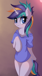 Size: 840x1500 | Tagged: safe, artist:twiren, rarity, unicorn, semi-anthro, g4, alternate hairstyle, arm hooves, blushing, cheek fluff, chest fluff, clothes, cute, ear fluff, female, gradient background, heart eyes, looking at you, mare, punk, raribetes, raripunk, wingding eyes