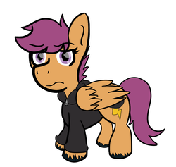 Size: 950x900 | Tagged: safe, artist:senkou-lights, scootaloo, pony, ask factory scootaloo, g4, clothes, factory scootaloo, female, filly, simple background, solo, white background
