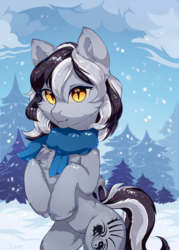 Size: 1500x2100 | Tagged: safe, artist:lispp, oc, oc only, bat pony, pony, bat pony oc, clothes, cute, fangs, female, fluffy, looking at you, mare, scarf, slit pupils, snow, snowfall, solo, tree, wings, winter, ych result