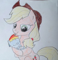 Size: 1936x2009 | Tagged: safe, artist:iron-hooved, applejack, rainbow dash, pony, g4, age regression, baby, baby dash, baby pony, best friends, cuddling, diaper, female, foal, mare, sleeping, traditional art