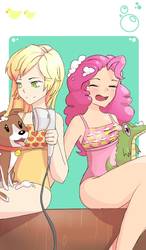 Size: 600x1024 | Tagged: safe, artist:161141, applejack, gummy, pinkie pie, winona, alligator, dog, human, g4, clothes, duo, duo female, eyes closed, female, humanized, one-piece swimsuit, open mouth, pet, smiling, swimsuit, washing