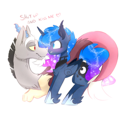 Size: 2080x1914 | Tagged: safe, artist:elementalokami, discord, princess luna, alicorn, draconequus, pony, g4, blushing, dialogue, female, looking at each other, male, mare, ship:lunacord, shipping, smiling, straight