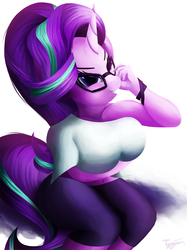 Size: 1250x1667 | Tagged: safe, artist:tyzain, starlight glimmer, unicorn, anthro, g4, belly button, breasts, busty starlight glimmer, clothes, female, glasses, looking at you, midriff, short shirt, simple background, smiling, solo