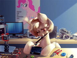 Size: 1600x1200 | Tagged: safe, artist:hardbrony, pinkie pie, oc, oc only, pegasus, pony, 3d printer, arduino, computer, electronics, monitor, mouth hold, pinkie pie is watching you, pliers, poster, russian, soldering iron, solo, tape, wires