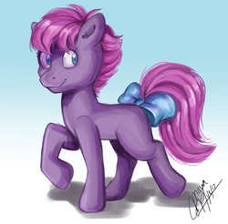 Size: 2592x2550 | Tagged: safe, artist:mayahen, ember (g1), pony, g1, bow, female, foal, high res, raised hoof, solo, tail bow, walking