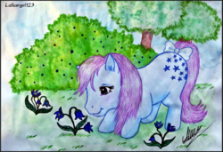 Size: 1100x751 | Tagged: safe, artist:lolliangel123, blue belle, pony, g1, nature, traditional art, watercolor painting