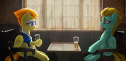 Size: 1229x600 | Tagged: safe, artist:hardbrony, lightning dust, spitfire, pegasus, pony, g4, alcohol, chair, clothes, crossover, curtains, drink, duo, female, glass, glasses, kingsman: the secret service, mare, sitting, table, window