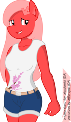 Size: 2500x4294 | Tagged: safe, artist:alexdemitri, artist:arifproject, oc, oc only, oc:downvote, anthro, derpibooru, clothes, collaboration, derpibooru ponified, female, hairclip, high res, meta, ponified, shorts, simple background, smiling, solo, tank top, transparent background