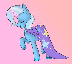 Size: 1240x1102 | Tagged: safe, artist:universe-fairy, trixie, pony, g4, cape, clothes, eyes closed, female, glowing horn, gradient background, horn, magic, open mouth, raised hoof, smiling, solo, trixie's cape