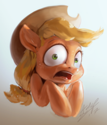 Size: 658x768 | Tagged: safe, artist:assasinmonkey, applejack, earth pony, pony, g4, cowboy hat, digital painting, female, freckles, gradient background, hat, looking at you, open mouth, scared, signature, simple background, solo, stetson, surprised