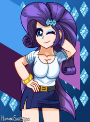 Size: 2100x2820 | Tagged: safe, artist:humanosiniestro, rarity, equestria girls, g4, breasts, clothes, cute, female, high res, human coloration, looking at you, one eye closed, side slit, skirt, solo, wink