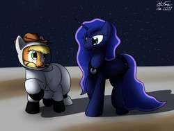 Size: 1280x967 | Tagged: safe, artist:the-furry-railfan, part of a set, applejack, princess luna, alicorn, earth pony, pony, series:one small trot for a pony, g4, applejack's hat, astronaut, clothes, cowboy hat, farming, hat, moon, part of a series, peytral, regalia, sequence, space, spacesuit, stars, story included, walking