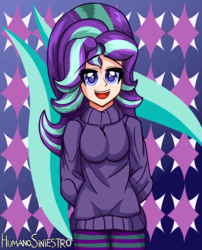 Size: 2639x3272 | Tagged: safe, artist:humanosiniestro, starlight glimmer, equestria girls, g4, clothes, cute, equestria girls-ified, female, glimmerbetes, high res, human coloration, open mouth, pants, solo, sweater