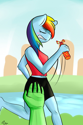 Size: 2000x3000 | Tagged: safe, artist:passigcamel, rainbow dash, oc, oc:anon, anthro, g4, belly button, blushing, clothes, female, gift giving, gritted teeth, hand, high res, midriff, present, running, solo, tank top, tsundere