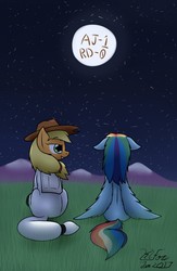 Size: 835x1280 | Tagged: safe, artist:the-furry-railfan, part of a set, applejack, rainbow dash, earth pony, pegasus, pony, series:one small trot for a pony, g4, applejack's hat, astronaut, cowboy hat, floppy ears, grin, hat, message, moon, mountain, night, outdoors, part of a series, sequence, smiling, smug, spacesuit, stars, story included, wings, wings down