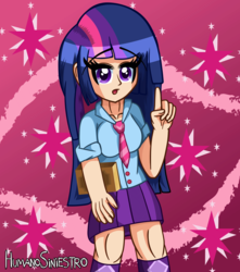 Size: 2552x2893 | Tagged: safe, artist:humanosiniestro, twilight sparkle, equestria girls, g4, book, breasts, clothes, female, high res, human coloration, leg warmers, looking at you, open mouth, skirt, solo