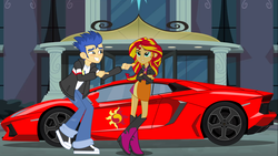 Size: 3840x2160 | Tagged: safe, artist:3d4d, artist:masem, artist:viktor-tyt, flash sentry, sunset shimmer, equestria girls, g4, boots, car, clothes, crossed arms, crossed legs, high heel boots, high res, hypercar, jacket, lamborghini, lamborghini aventador, male, pants, pointing, raised eyebrow, school, ship:flashimmer, shipping, shoes, skirt, smirk, sneakers, straight, sun, supercar